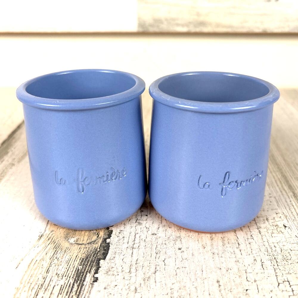 La Fermière Cermer Set of 2 Blue Terra Cotta Pottery Yogurt Pots NEW